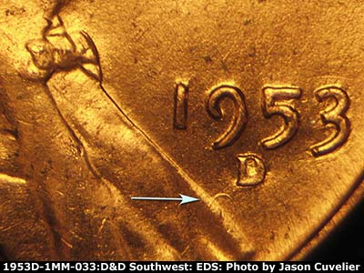 Die-stage A marker on 1953D•1MM•033 (1953 Repunched Mint Mark).