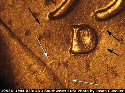 Die-stage A marker on 1953D•1MM•033 (1953 Repunched Mint Mark).