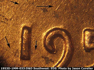 Die-stage A marker on 1953D•1MM•033 (1953 Repunched Mint Mark).