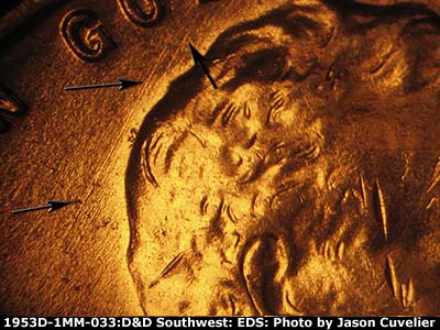 Die-stage A marker on 1953D•1MM•033 (1953 Repunched Mint Mark).