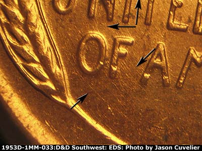 Die-stage A marker on 1953D•1MM•033 (1953 Repunched Mint Mark).
