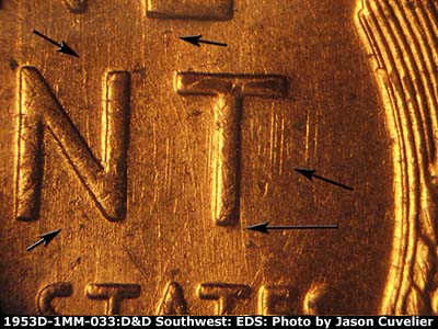 Die-stage A marker on 1953D•1MM•033 (1953 Repunched Mint Mark).
