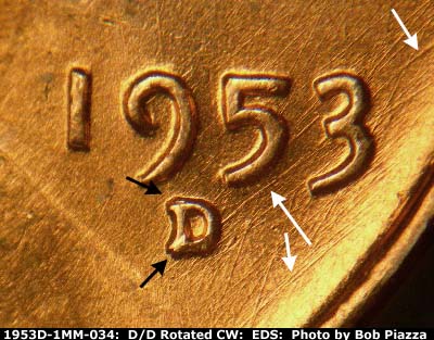 Die-stage A marker on 1953D•1MM•034 (1953 Repunched Mint Mark).