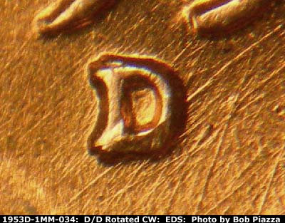 Die-stage A marker on 1953D•1MM•034 (1953 Repunched Mint Mark).