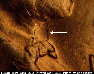 Die-stage A marker on 1953D•1MM•034 (1953 Repunched Mint Mark).