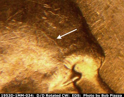Die-stage A marker on 1953D•1MM•034 (1953 Repunched Mint Mark).