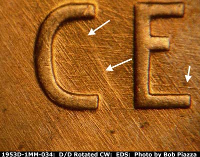 Die-stage A marker on 1953D•1MM•034 (1953 Repunched Mint Mark).