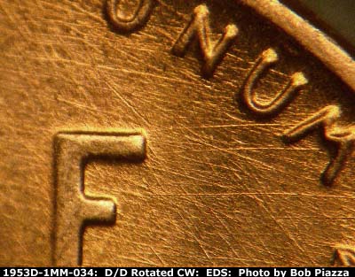 Die-stage A marker on 1953D•1MM•034 (1953 Repunched Mint Mark).