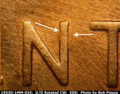 Die-stage A marker on 1953D•1MM•034 (1953 Repunched Mint Mark).