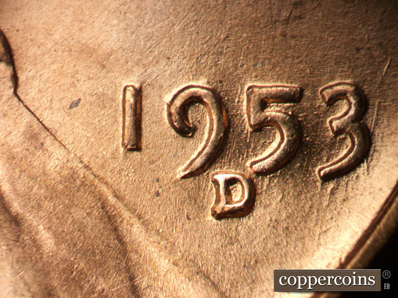 Die-stage B marker on 1953D•1MM•036 (1953 Repunched Mint Mark).
