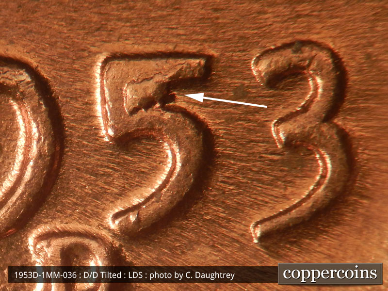 Die-stage C marker on 1953D•1MM•036 (1953 Repunched Mint Mark).