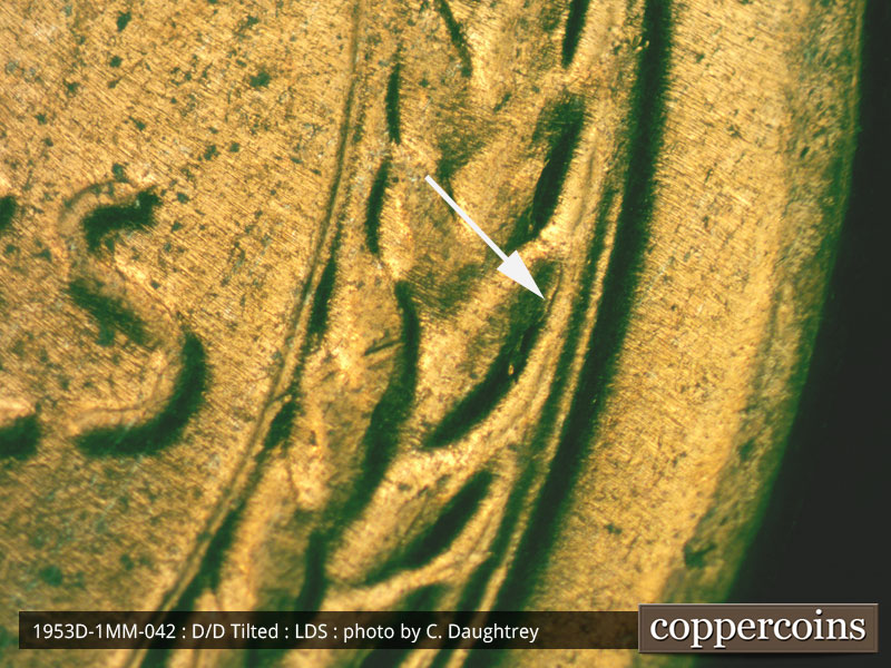Die-stage C marker on 1953D•1MM•042 (1953 Repunched Mint Mark).