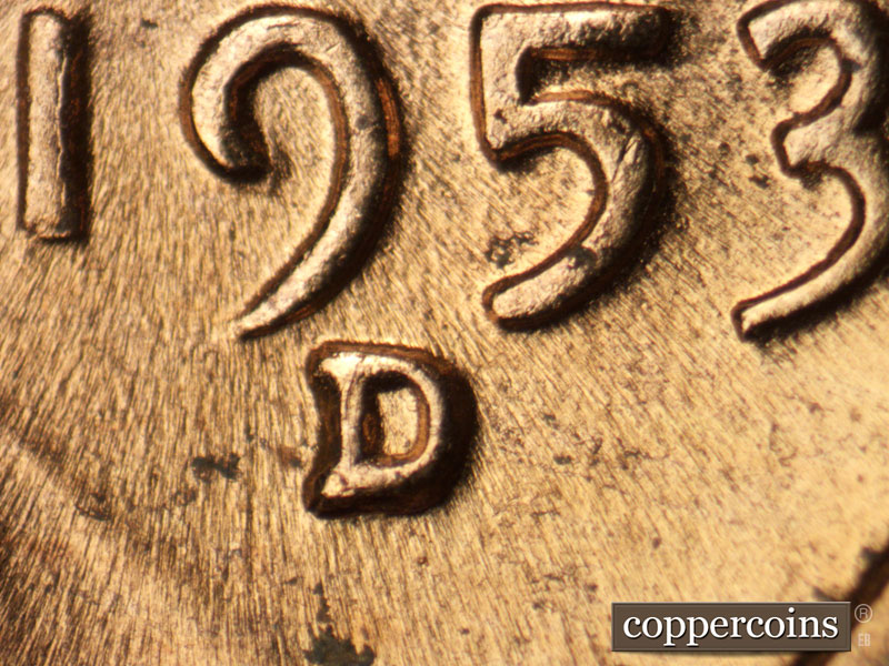 1953 Lincoln cent obverse, CopperCoins die 1953D•1MM•053 — Closeup of repunchesd mint mark.