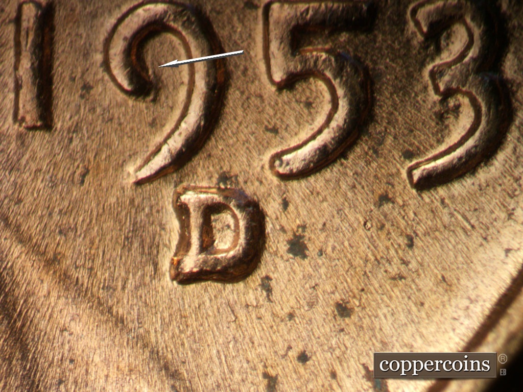 Die-stage B marker on 1953D•1MM•053 showing Closeup of repunched mint mark. Short curve gouge in 9 of date.