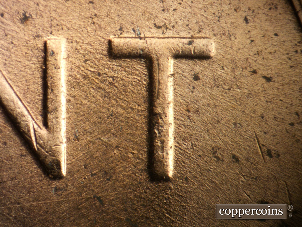Die-stage B marker on 1953D•1MM•053 showing Worn die scratches through T in CENT.