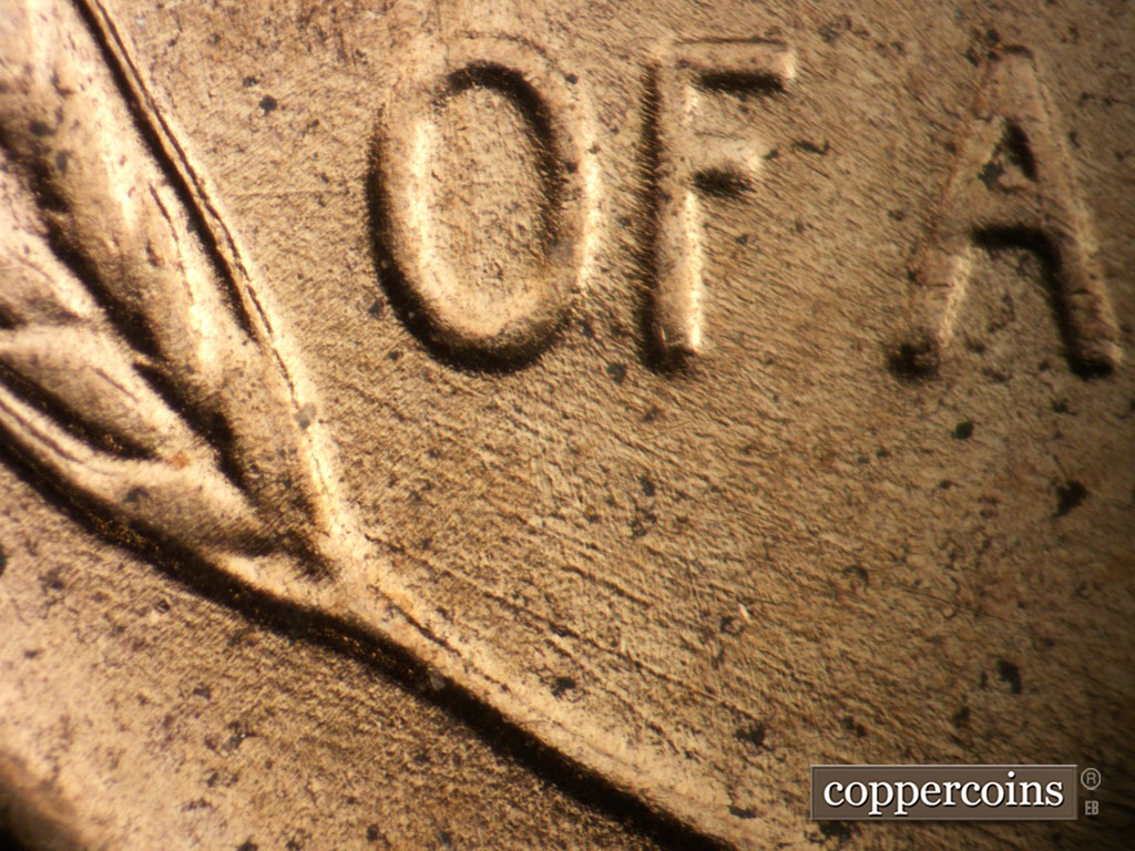 Die-stage B marker on 1953D•1MM•053 showing Die scratches in field between OF and left wheat stem.
