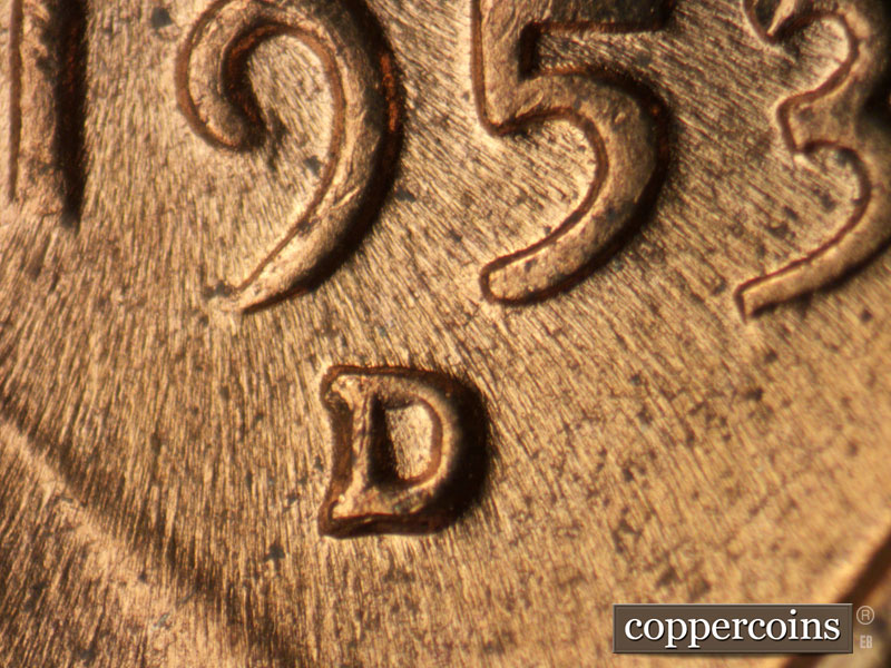 1953 Lincoln cent obverse, CopperCoins die 1953D•1MM•054 — Closeup of repunched mint mark.