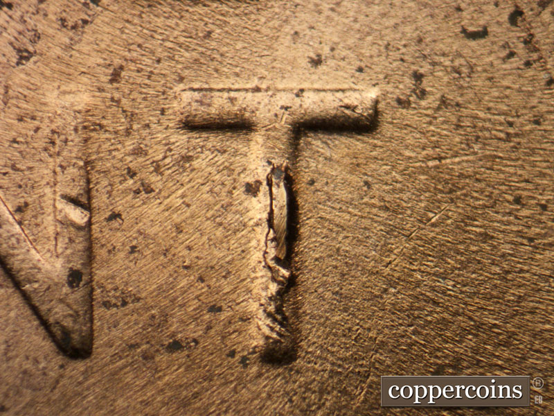 Die-stage C marker on 1953D•1MM•054 showing Die chipping on vertical of T in CENT.