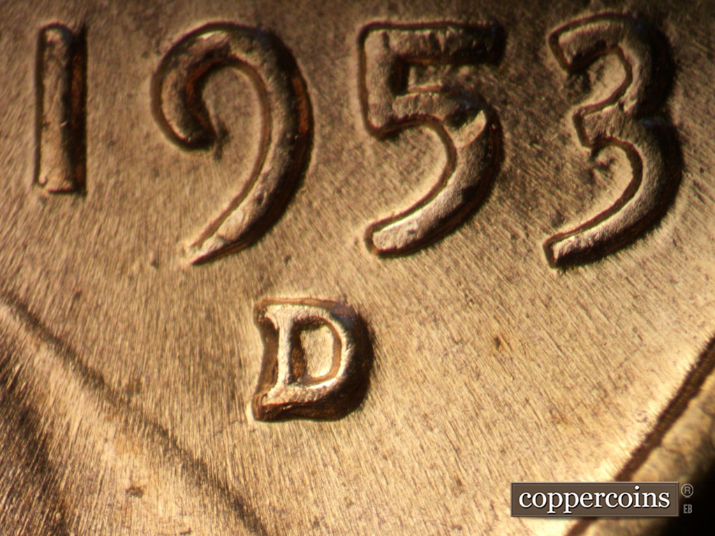 Die-stage B marker on 1953D•1MM•054 showing Closeup of repunched mint mark.