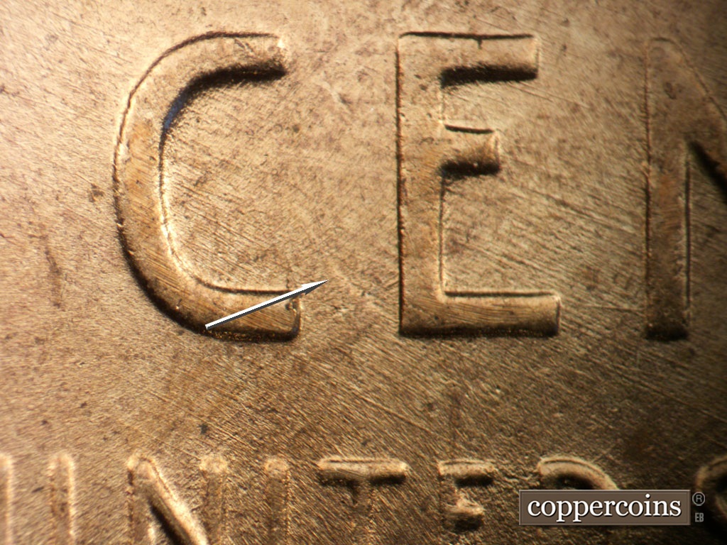 Die-stage B marker on 1953D•1MM•054 showing Die clash in C of CENT.