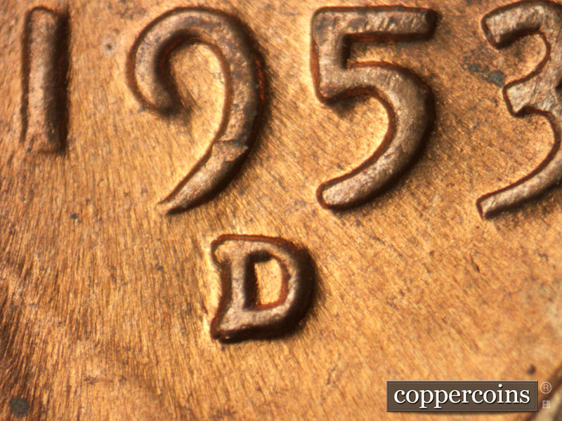 Die-stage C marker on 1953D•1MM•055 (1953 Repunched Mint Mark).