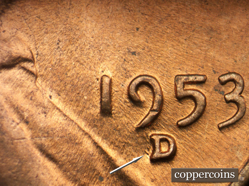 Die-stage C marker on 1953D•1MM•055 (1953 Repunched Mint Mark).