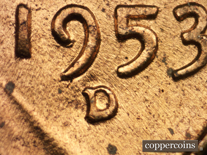 1953 Lincoln cent obverse, CopperCoins die 1953D•1MM•057.