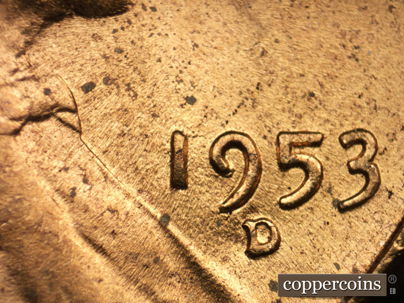 Die-stage B marker on 1953D•1MM•057 (1953 Repunched Mint Mark).