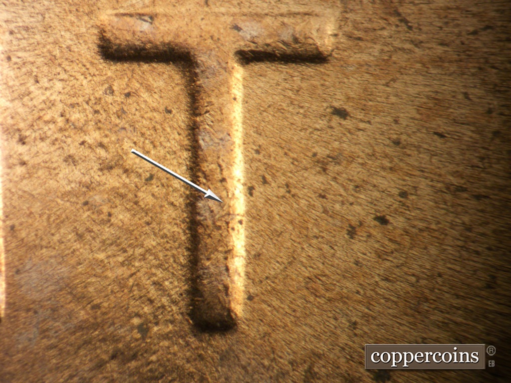 Die-stage C marker on 1953D•1MM•062 showing Die crack on T in CENT.