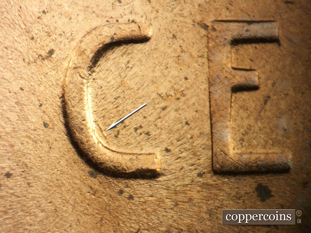 Die-stage C marker on 1953D•1MM•062 showing SSE die scratch inside lower C of CENT.