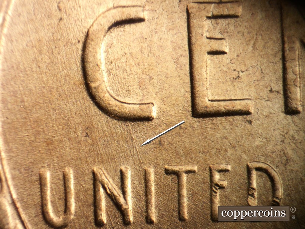 Die-stage B marker on 1953D•1MM•064 showing SSE die scratch connects C in CENT to I in UNITED.
