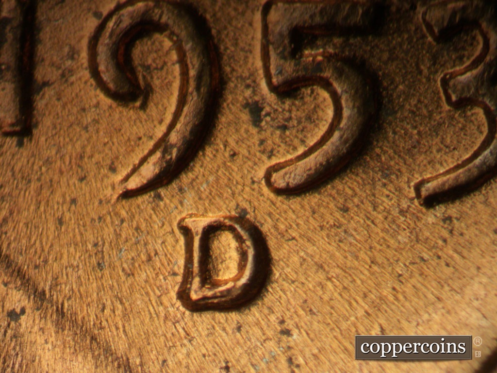 Die-stage B marker on 1953D•1MM•065 showing Closeup of repunched mint mark.