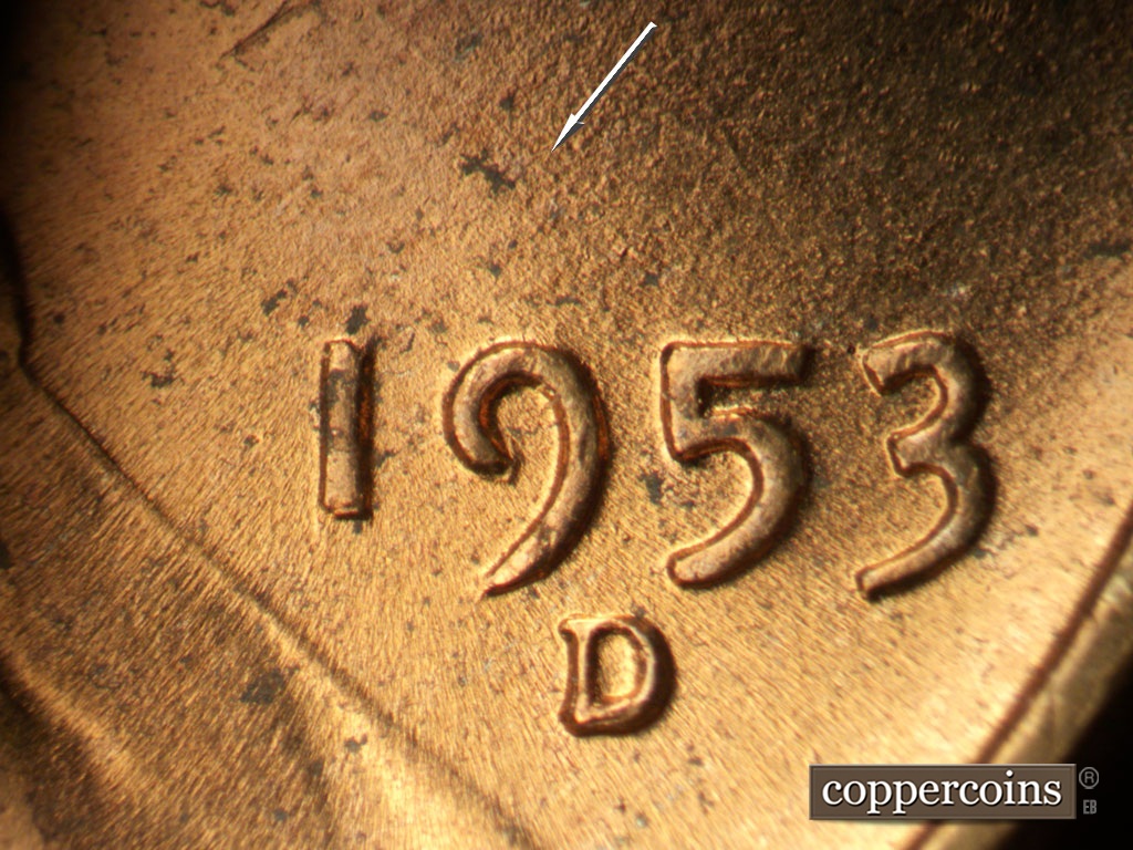 Die-stage B marker on 1953D•1MM•065 showing NW die scratch from top of 5 in date.
