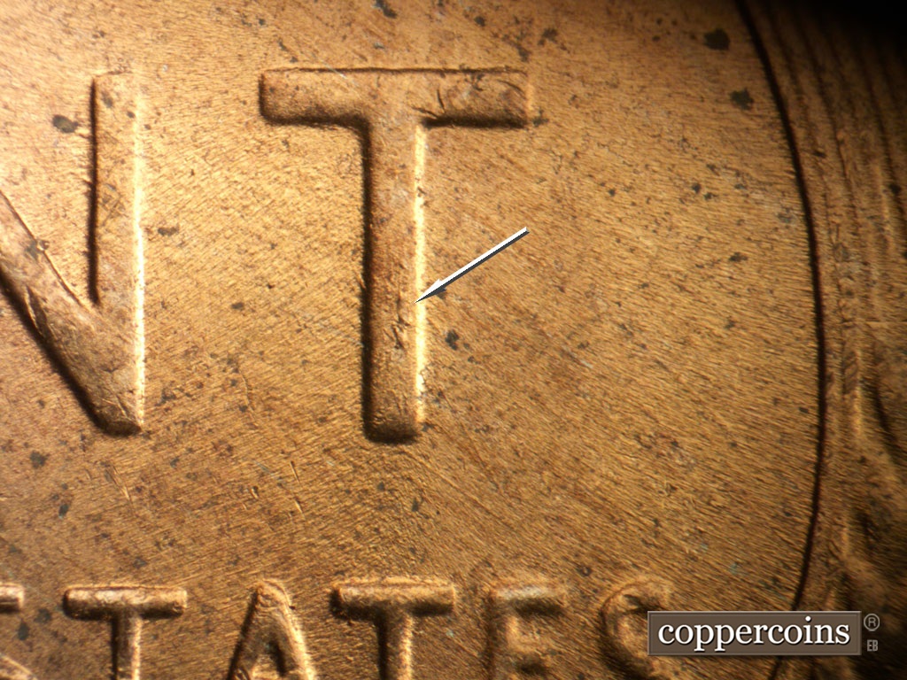 Die-stage B marker on 1953D•1MM•065 showing Die chipping on vertical of T in CENT. SE die scratches throughout east side of reverse.