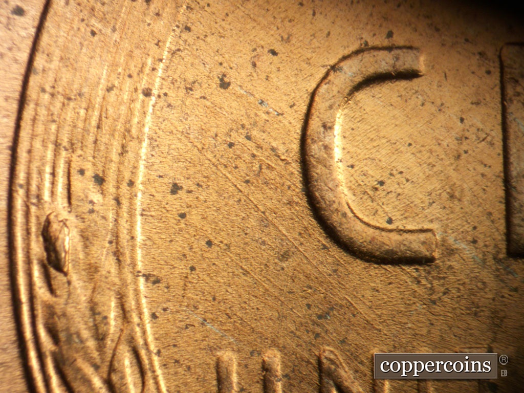 Die-stage B marker on 1953D•1MM•065 showing Die chip on left wheat stalk. SE die scratches cover west side of reverse.