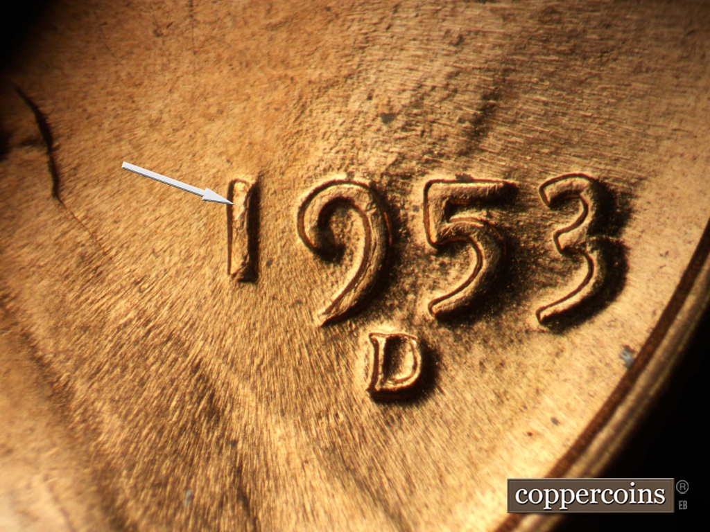 Die-stage B marker on 1953D•1MM•067 showing Die crack on 1 an d9 in date.