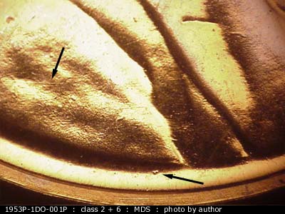 Die-stage B marker on 1953P•1DO•001P showing A die scratch runs across the shoulder and a heavy but small die gouge shows beneath the shoulder fold.