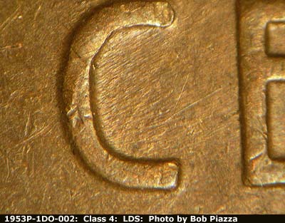 Die-stage C marker on 1953P•1DO•002 (1953 Doubled Die Obverse).