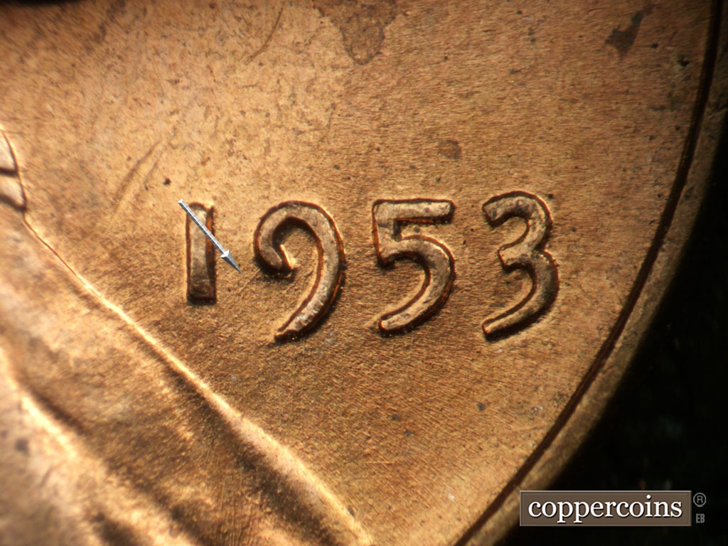 Die-stage B marker on 1953P•1DO•004 showing SW die scratch from 9 in date.