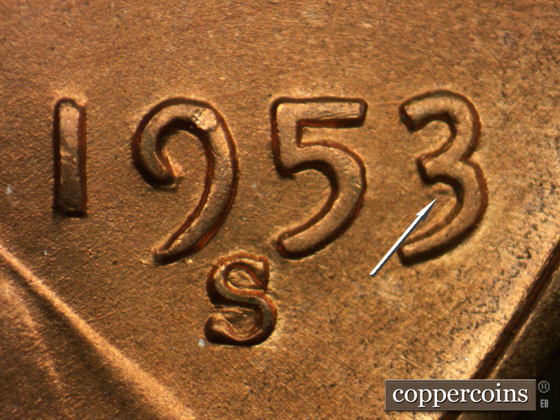 Die-stage B marker on 1953S•1DO•001 (1953 Doubled Die Obverse).