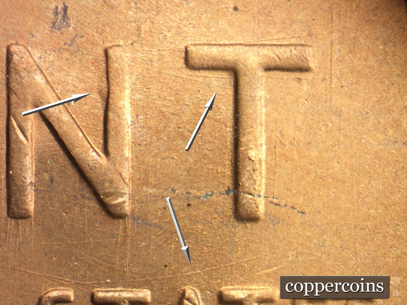 Die-stage B marker on 1953S•1DO•001 (1953 Doubled Die Obverse).