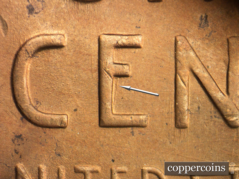 Die-stage B marker on 1953S•1DO•001 (1953 Doubled Die Obverse).