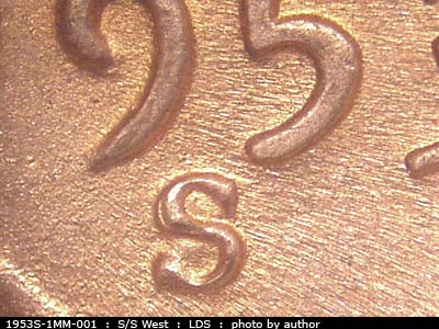 Die-stage C marker on 1953S•1MM•001 (1953 Repunched Mint Mark).