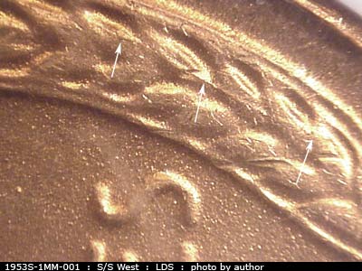 Die-stage C marker on 1953S•1MM•001 (1953 Repunched Mint Mark).