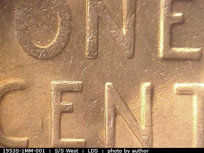 Die-stage C marker on 1953S•1MM•001 (1953 Repunched Mint Mark).