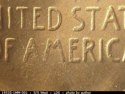 Die-stage C marker on 1953S•1MM•001 (1953 Repunched Mint Mark).