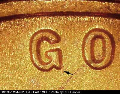 Die-stage B marker on 1953S•1MM•002 (1953 Repunched Mint Mark).