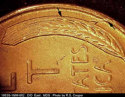 Die-stage B marker on 1953S•1MM•002 (1953 Repunched Mint Mark).