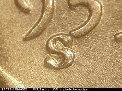 Die-stage C marker on 1953S•1MM•002 (1953 Repunched Mint Mark).