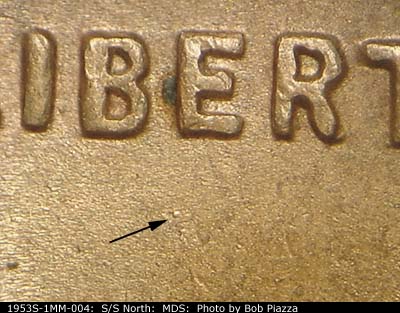 Die-stage B marker on 1953S•1MM•004 (1953 Repunched Mint Mark).